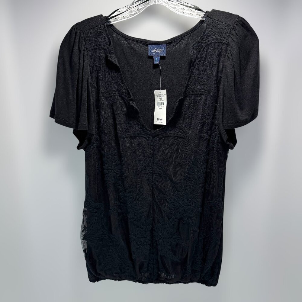 Daytrip Black Crochet Lace Front Short Sleeve Top